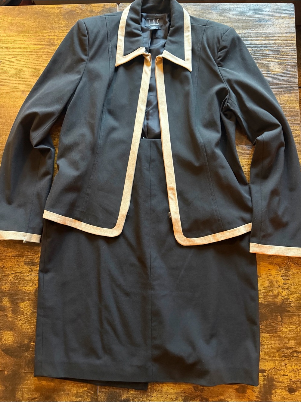 INC International Concepts Black Jacket and Skirt Set with Cream Trim